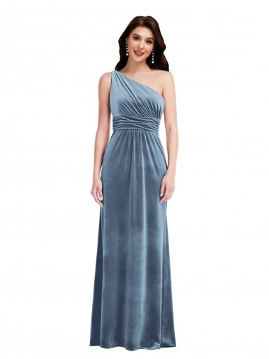 Affordable One Shoulder Draped Velvet Maxi Bridesmaid Dress UK
