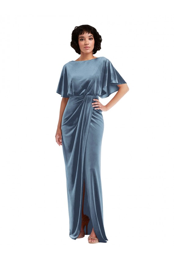 Affordable Flutter Sleeve Open Back Velvet Maxi Bridesmaid Dress with Draped Wrap Skirt UK