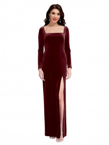 Affordable Sleek Square Neck Spaghetti Straps Velvet Bridesmaid Dress with Side Slit UK