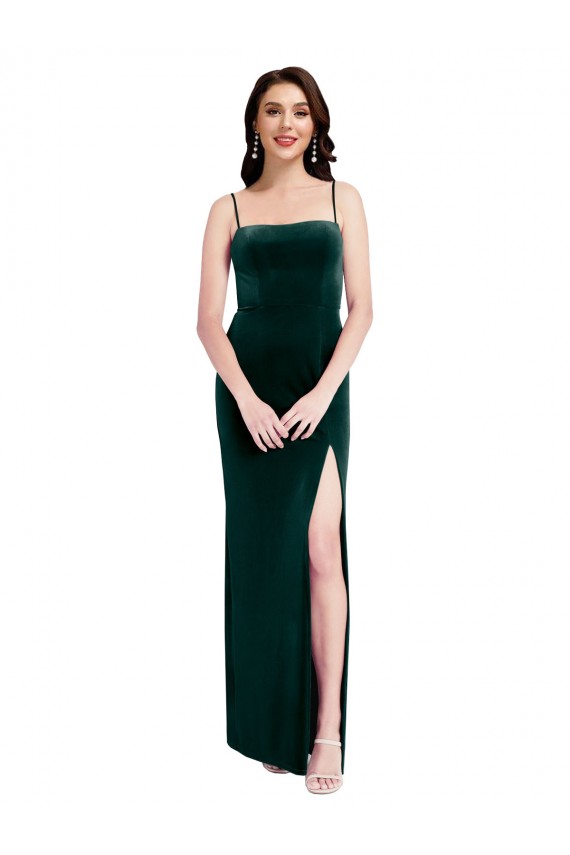 Affordable Straight Neckline Spaghetti Straps Long Velvet Bridesmaid Dress with High Side Slit UK