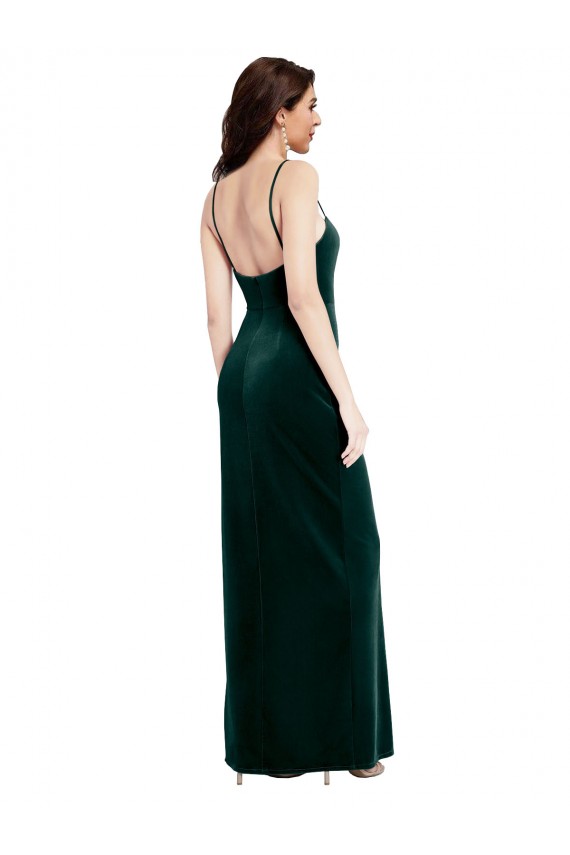 Affordable Straight Neckline Spaghetti Straps Long Velvet Bridesmaid Dress with High Side Slit UK