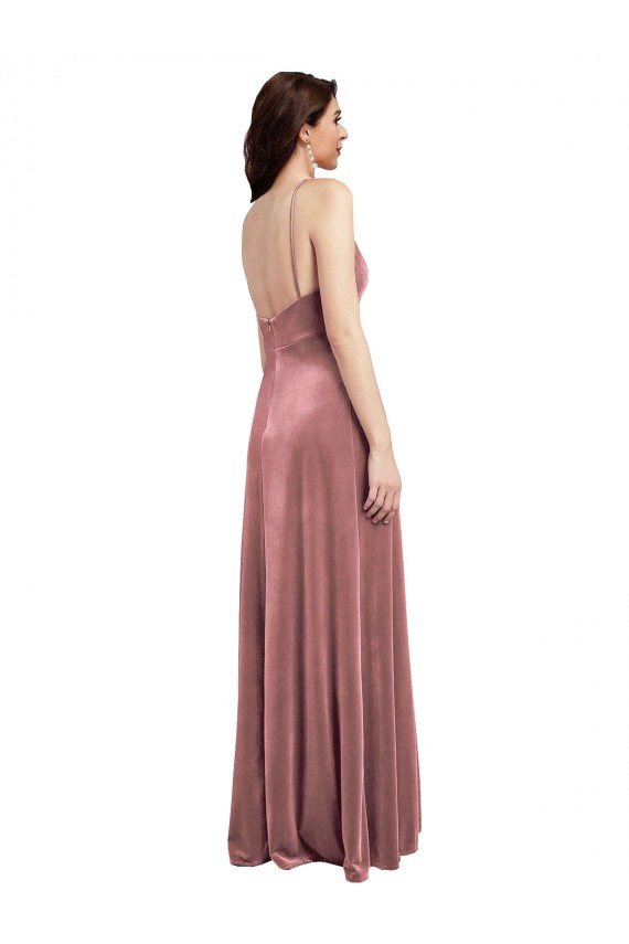 Affordable Low Scoop Back Long V-Neck Velvet Slip Bridesmaid Dress UK