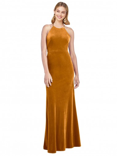 Affordable Halter Neckline Long Full Length Velvet Bridesmaid Dress with Strappy Back UK