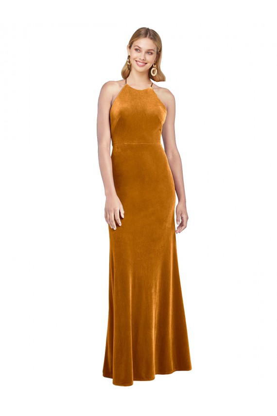 Affordable Halter Neckline Long Full Length Velvet Bridesmaid Dress with Strappy Back UK