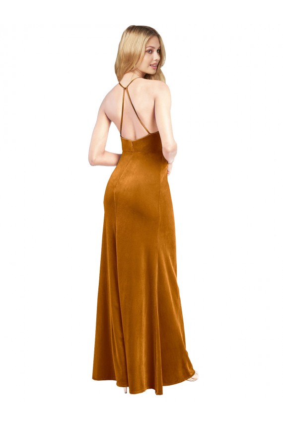 Affordable Halter Neckline Long Full Length Velvet Bridesmaid Dress with Strappy Back UK