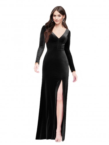 Affordable Long Sleeves Velvet Bridesmaid Dress with V-Neckline and Thigh Slit UK