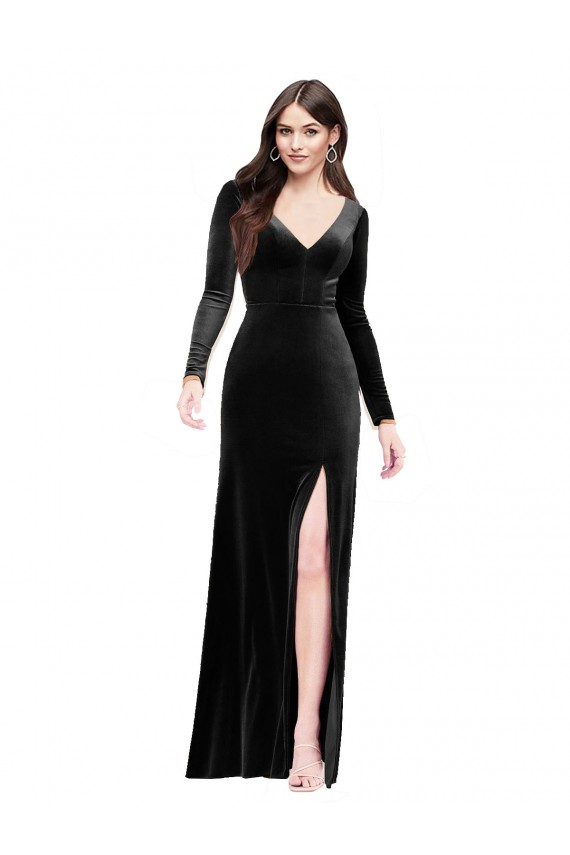 Affordable Long Sleeves Velvet Bridesmaid Dress with V-Neckline and Thigh Slit UK