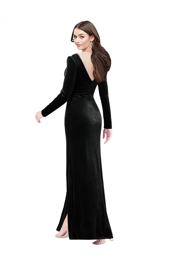 Affordable Long Sleeves Velvet Bridesmaid Dress with V-Neckline and Thigh Slit UK