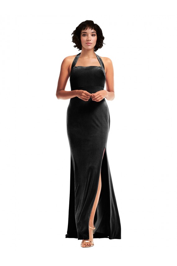 Affordable Stretch Velvet Empire Bridesmaid Dress with Halter Strap UK