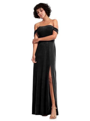 Affordable Stretch Velvet Bridesmaid Dress with Off the Shoulder Drapped Sleeves UK