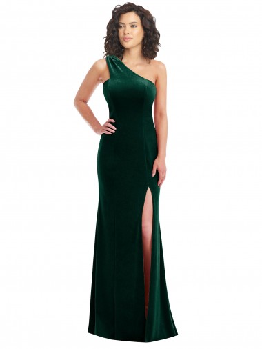 Affordable One Shoulder Velvet Trumpet Bridesmaid Dress with Front Slit UK