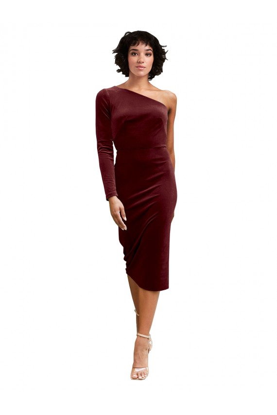 Affordable One Shoulder Fitted Short Midi Length Velvet Bridesmaid Dress UK