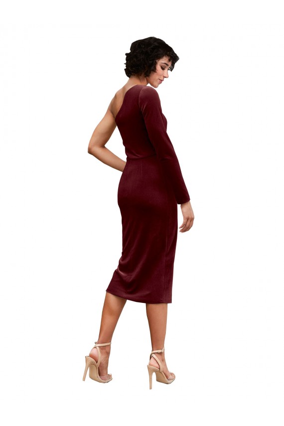 Affordable One Shoulder Fitted Short Midi Length Velvet Bridesmaid Dress UK