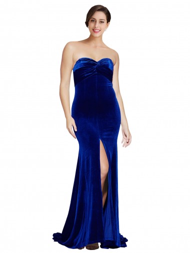 Affordable Strapless Ruched Velvet Bridesmaid Dress with Sweep Train and Front Slit UK