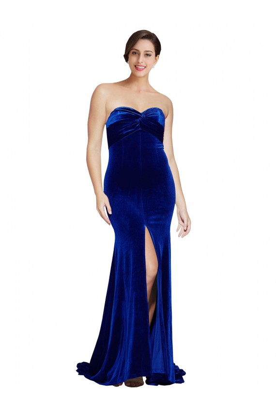 Affordable Strapless Ruched Velvet Bridesmaid Dress with Sweep Train and Front Slit UK