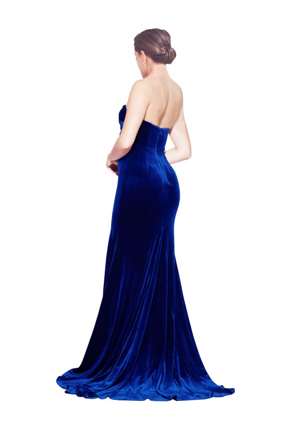 Affordable Strapless Ruched Velvet Bridesmaid Dress with Sweep Train and Front Slit UK