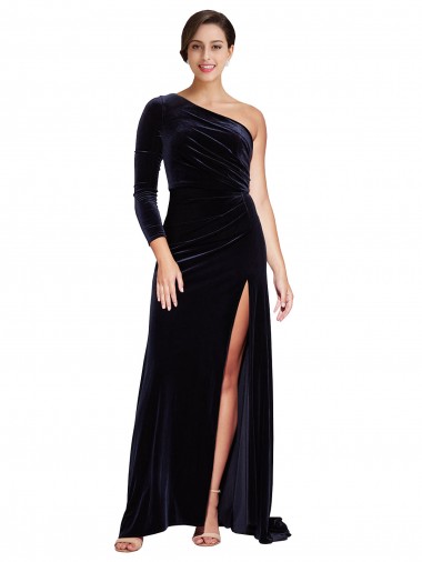 Affordable One Sleeve Long Velvet Bridesmaid Dress with Thigh High Split UK