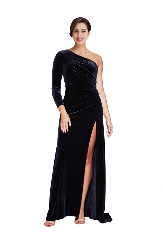 Affordable One Sleeve Long Velvet Bridesmaid Dress with Thigh High Split UK