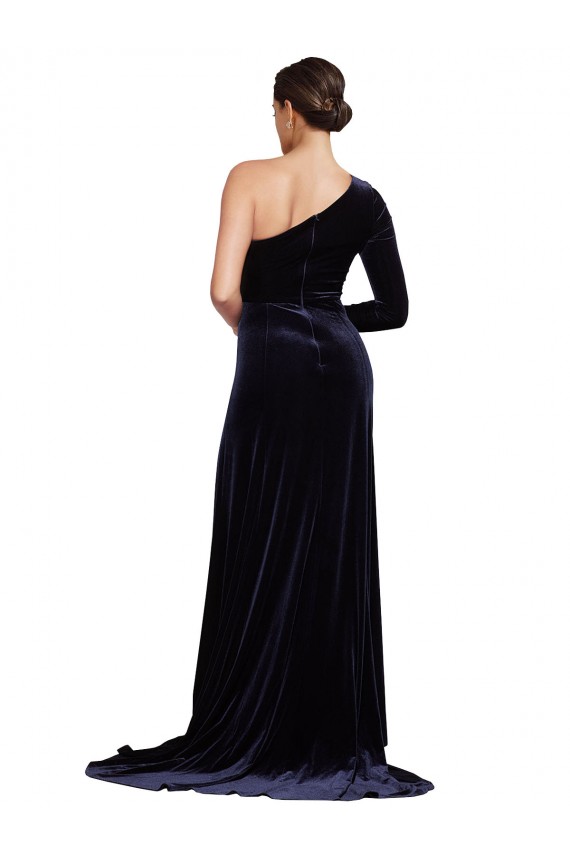 Affordable One Sleeve Long Velvet Bridesmaid Dress with Thigh High Split UK