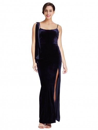 Affordable Long Velvet Bridesmaid Dress with Side Thigh Split and Shoulder Tie UK