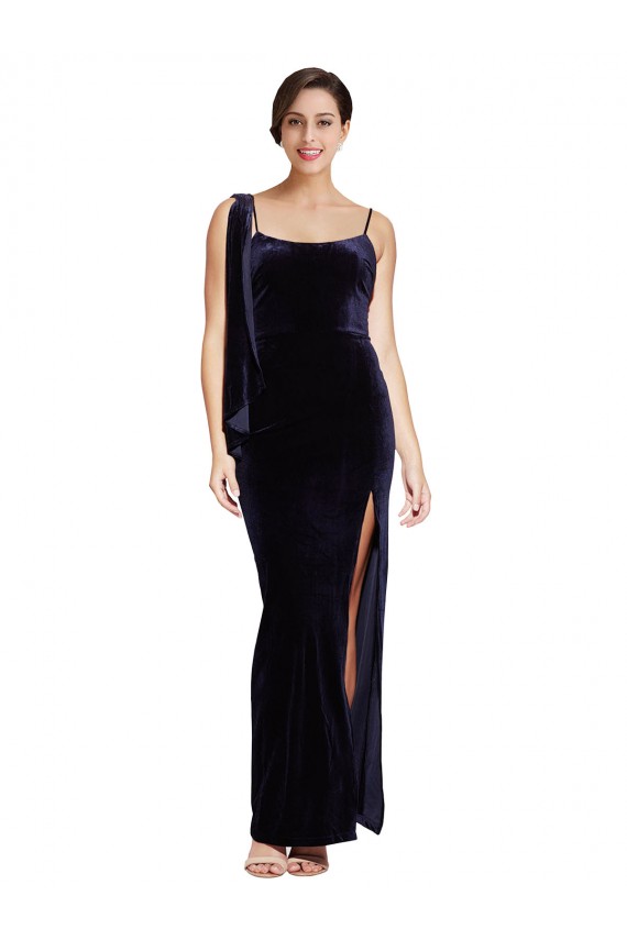 Affordable Long Velvet Bridesmaid Dress with Side Thigh Split and Shoulder Tie UK