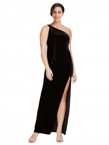 Affordable One Shoulder Long Velvet Bridesmaid Dress with Side Split and Shoulder Tie UK