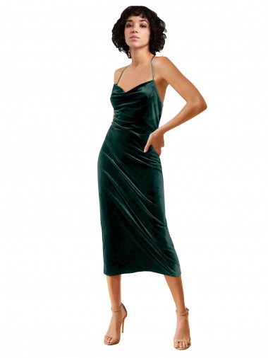 Affordable Midi Length Sleek Cowl Neckline Short Velvet Bridesmaid Dress UK