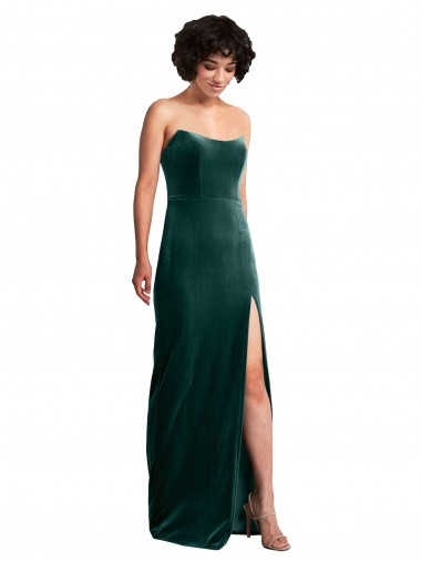 Affordable Scooped Strapless Long Velvet Bridesmaid Dress with Daring Side Slit UK
